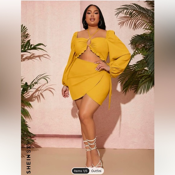 SHEIN | Dresses | Shein Sxy Plus Bishop Sleeve Cut Out Wrap Hem Dress Xl  Yellow | Poshmark
